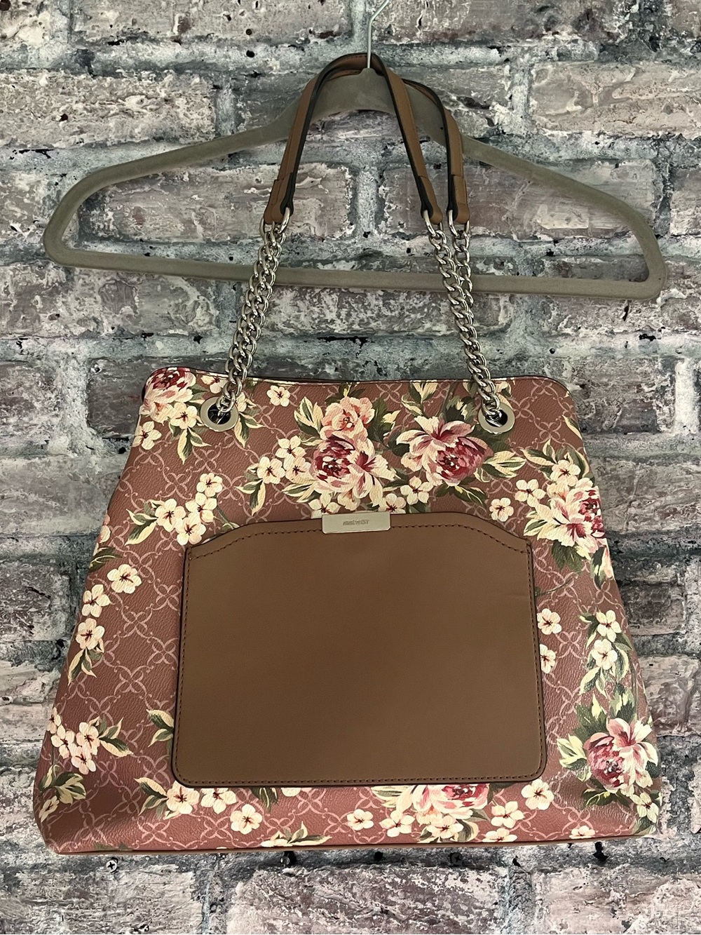 Nine West Floral Brown Tote Bag with Chain-Strap Handles, lots of pockets NWOT